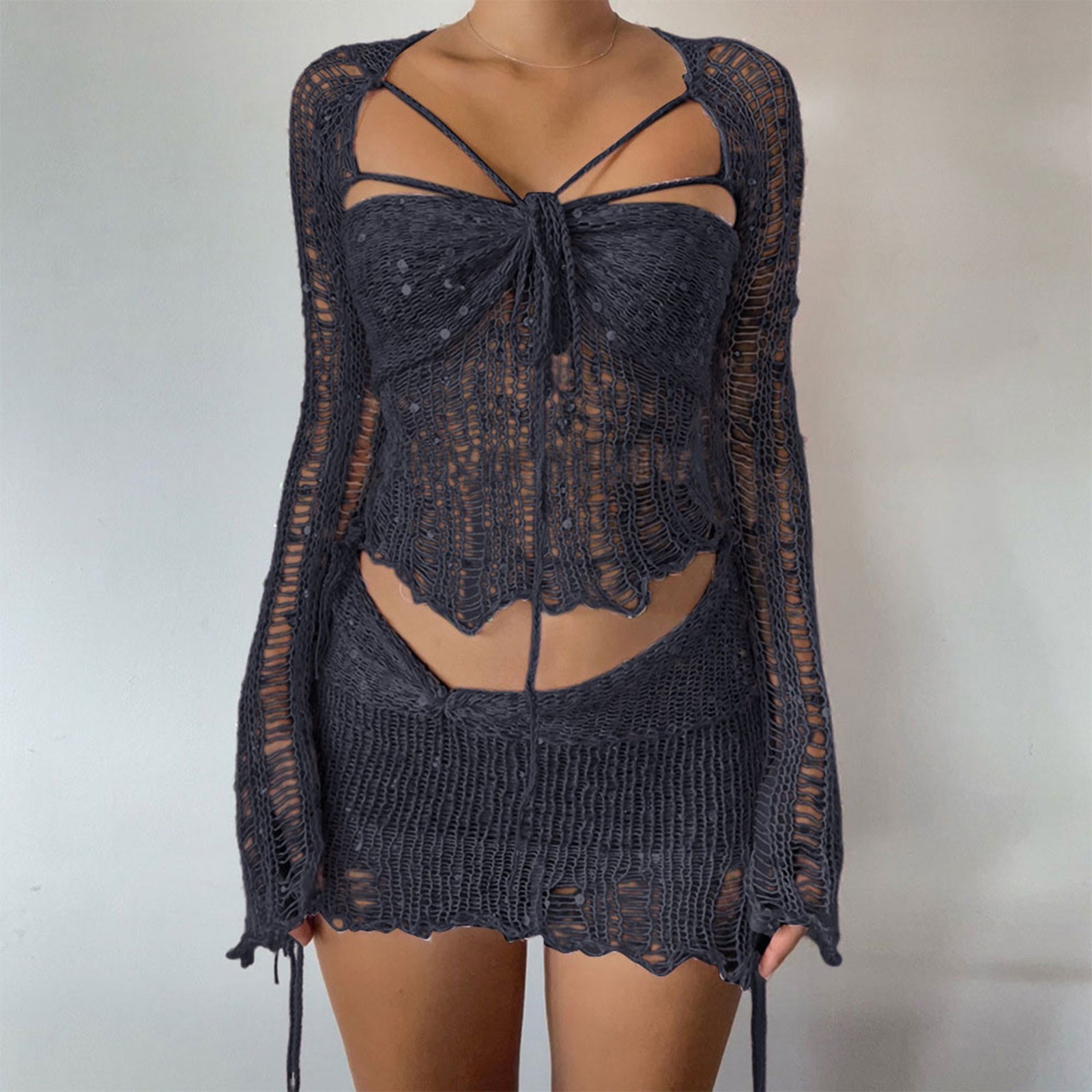 thumbnail image 2 of Conjunto de vestido sexy con top tubo y lentejuelas huecas para mujer - Conjunto de dos piezas, poliéster, ropa para discoteca y fiesta, S-XL, 2 of 5